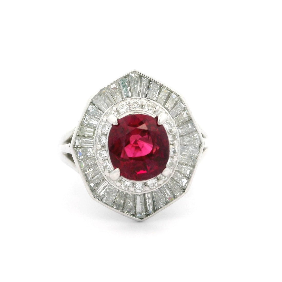 Vintage Platinum GIA 3.72ctw Red Ruby Diamond Ballerina Ring: Vintage Platinum GIA 3.72ctw Red Ruby Diamond Ballerina Ring This exquisite vintage ballerina ring features a stunning 2.16ct natural cushion-cut ruby, set in solid platinum and accompanied by numerou