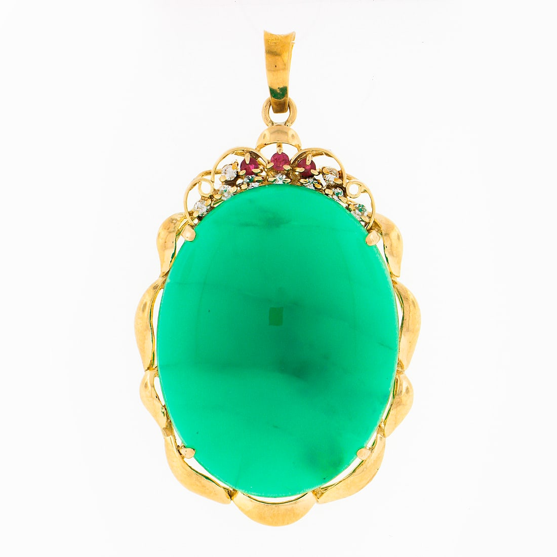 GIA Chrysoprase Ruby Diamond Oval Pendant in 18k Yellow Gold: GIA Chrysoprase Ruby Diamond Oval Pendant in 18k Yellow Gold Vintage original pendant crafted in solid 18k yellow gold, featuring a large natural oval cabochon chrysoprase at the center within a polis