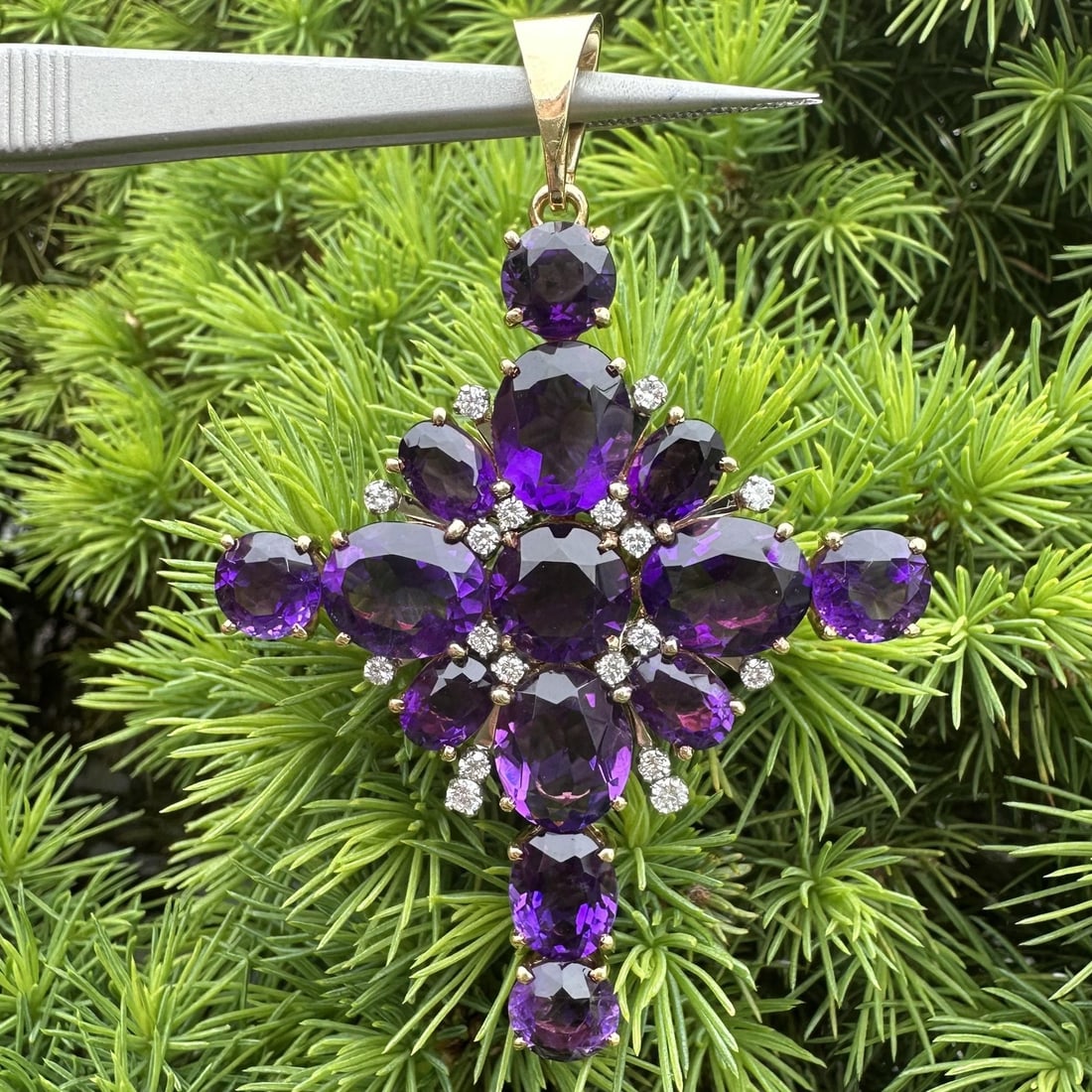 18k Yellow Gold Amethyst Diamond Cross Enhancer Pendant Vintage: 18k Yellow Gold Amethyst Diamond Cross Enhancer Pendant Vintage This vintage enhancer cross pendant features a striking combination of rich purple natural amethyst gemstones and sparkling natural diam