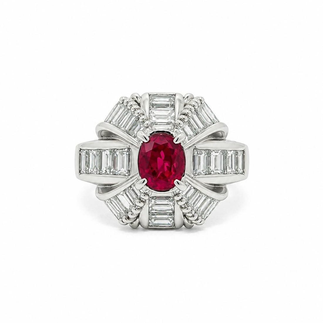 Platinum Ruby Diamond Ring Mozambique Oval 2.67ctw Size 6: Platinum Ruby Diamond Ring Mozambique Oval 2.67ctw Size 6 This platinum ring features a vivid red, oval-cut natural ruby from Mozambique, weighing exactly 1.01 carats. The ruby is prong-set and accomp