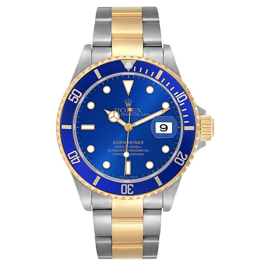 Rolex Submariner Ref 16613 Blue Dial Oyster Bracelet with Card 2007: Rolex Submariner Ref 16613 Blue Dial Oyster Bracelet with Card 2007 This is a men's Rolex Submariner, reference number 16613, featuring a blue dial and an aluminum bezel. The watch comes on a classic 