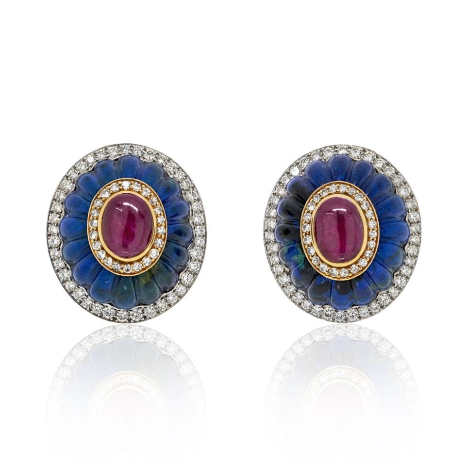 David Webb Clip Earrings Platinum 18K Yellow Gold Azurmalachite Ruby Diamond: David Webb Clip Earrings Platinum 18K Yellow Gold Azurmalachite Ruby Diamond Make a bold statement with these exquisite David Webb clip earrings, expertly crafted in a luxurious combination of platinu