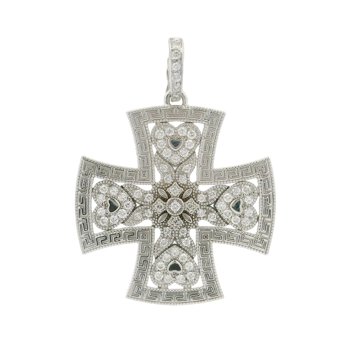 18k White Gold 0.50ctw Diamond Maltese Cross Pendant with Hearts: 18k White Gold 0.50ctw Diamond Maltese Cross Pendant with Hearts This stunning Maltese Cross enhancer pendant is crafted from solid 18k white gold and adorned with 64 natural genuine diamonds. The rou