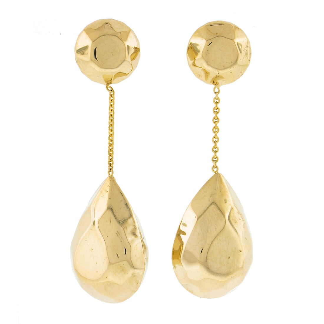 Elegant 14K Yellow Gold Teardrop Dangle Earrings: Elegant 14K Yellow Gold Teardrop Dangle Earrings These stunning dangle earrings are beautifully crafted from solid 14K yellow gold, showcasing an elegant, puffed, and faceted teardrop design. With a h