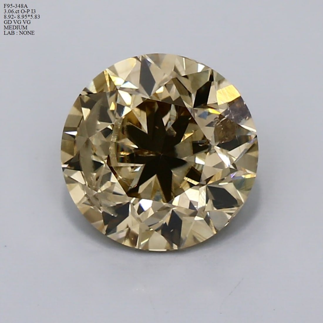 Loose Diamond - ROUND 3.06ct O-P I3: Loose Diamond - ROUND 3.06ct O-P I3 Source: Natural Shape: ROUND Carats: 3.06 Color: O-P Certification: NONE Video: