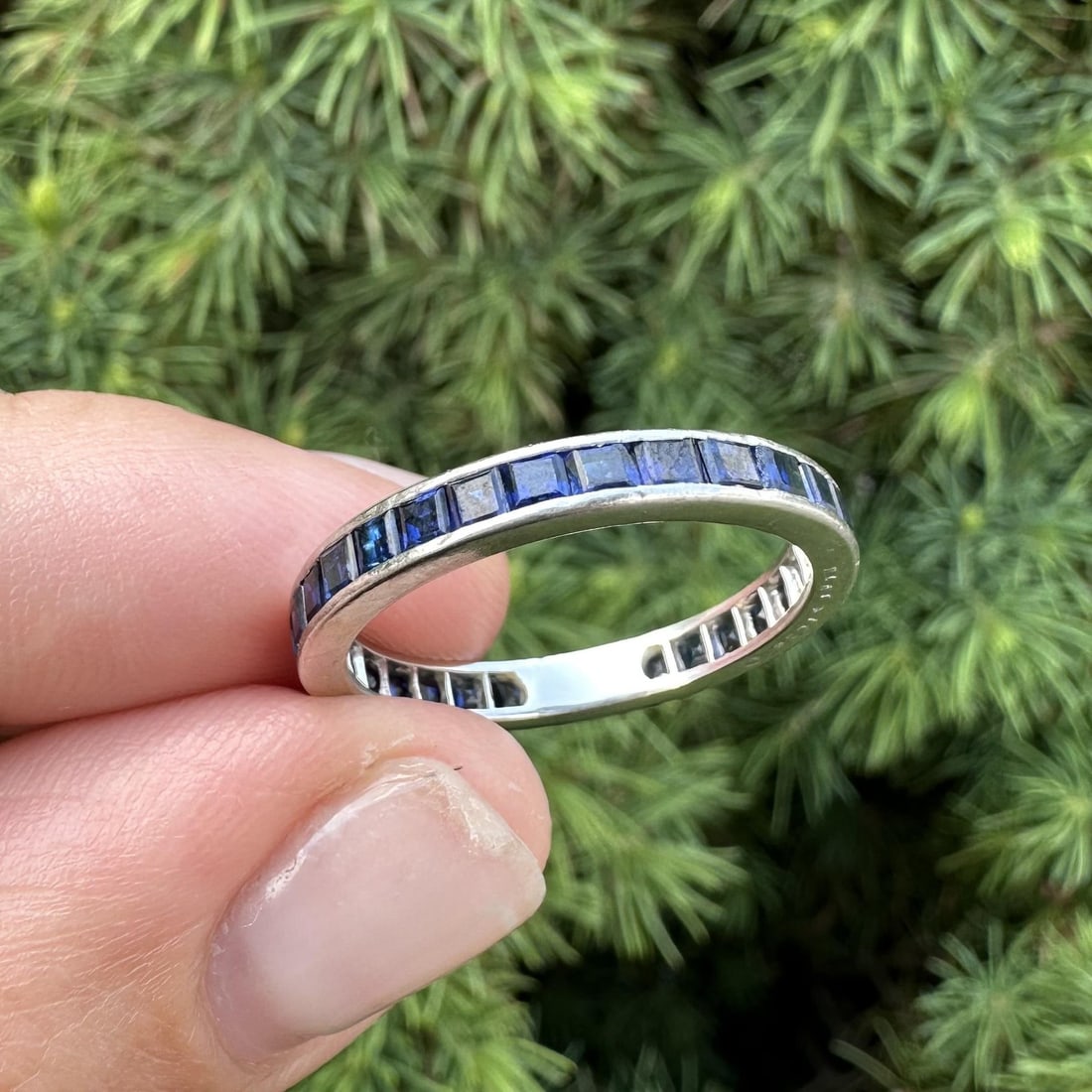 Platinum Sapphire Eternity Band Ring Square Step Cut Size 8.5: Platinum Sapphire Eternity Band Ring Square Step Cut Size 8.5 Vintage unbranded women's eternity band ring featuring numerous natural blue sapphires in a square step cut, channel-set design. Crafted i