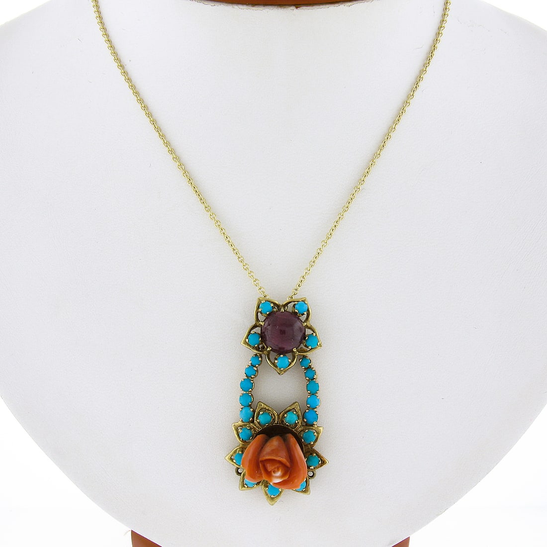 Vintage 18k Yellow Gold Coral Rose Pendant Necklace with Turquoise & Ruby: Vintage 18k Yellow Gold Coral Rose Pendant Necklace with Turquoise & Ruby This exquisite vintage necklace features a stunning pendant designed in the shape of a flower, crafted from solid 18k yellow g