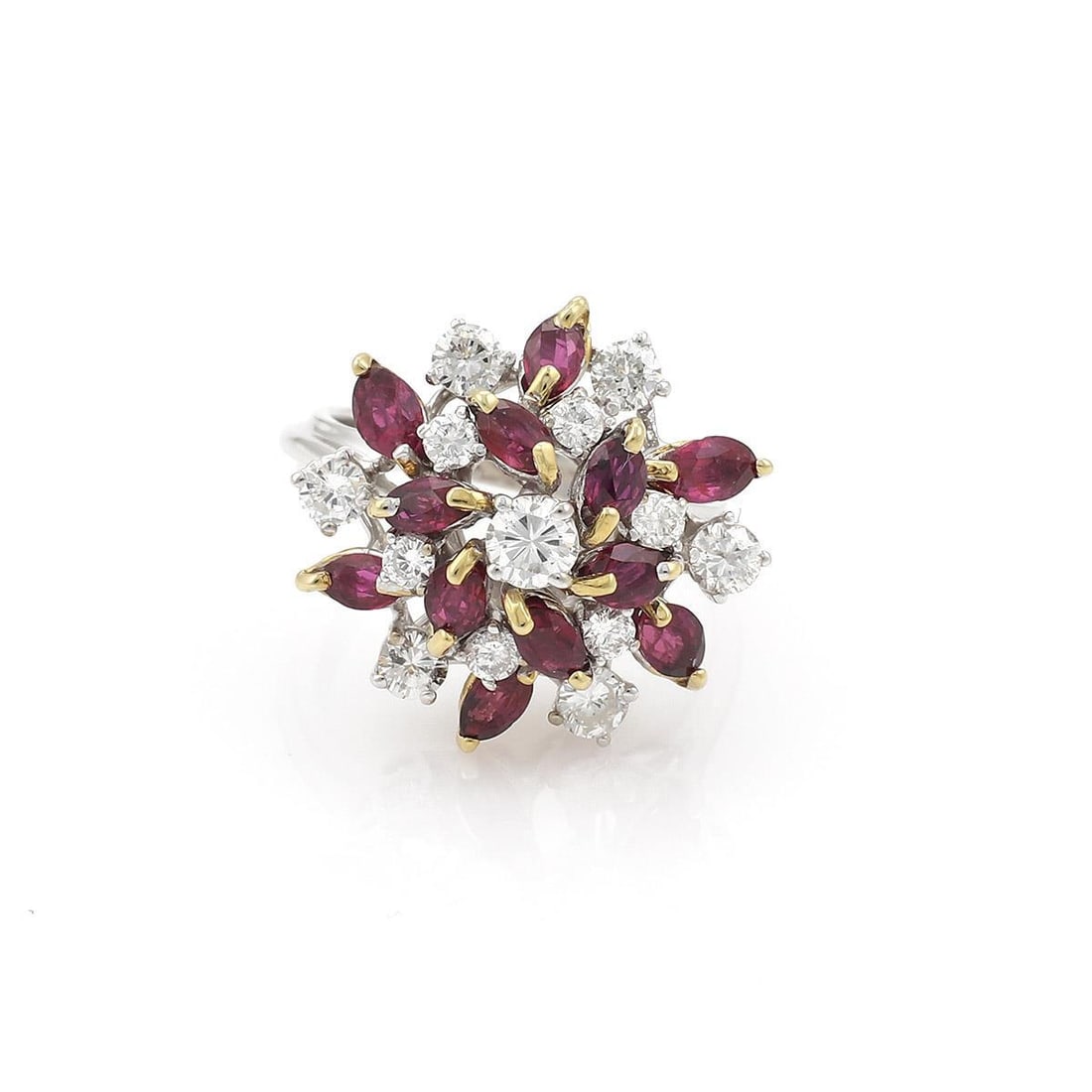 18k Gold Floral Cluster Ring with 3.05ct Diamonds and Rubies: 18k Gold Floral Cluster Ring with 3.05ct Diamonds and Rubies This exquisite floral cluster ring combines the elegance of yellow and white gold with vibrant gemstones. Crafted in solid 18k white gold, 