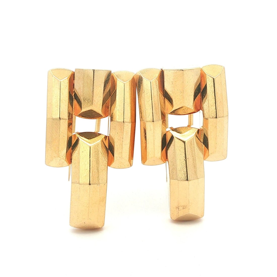 14k Yellow Gold Geometric Clip Pins Pair: 14k Yellow Gold Geometric Clip Pins Pair This vintage retro pair of geometric dress or lapel clips is crafted from solid 14k yellow gold. Designed for unisex adults, each clip features a hinged dual p