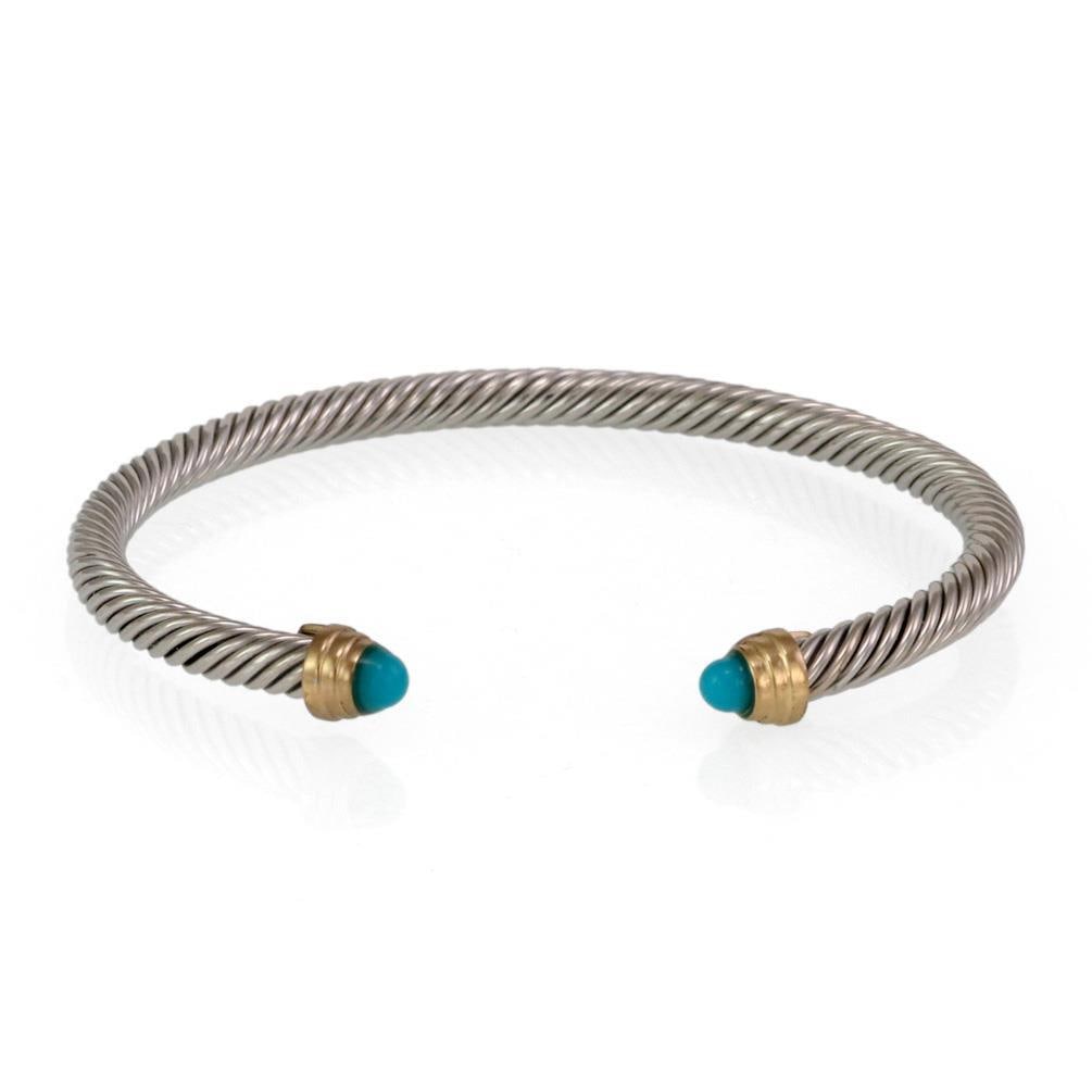 Sterling Silver 14k Yellow Gold Turquoise Bead Cable Cuff Bracelet (1 of 4)