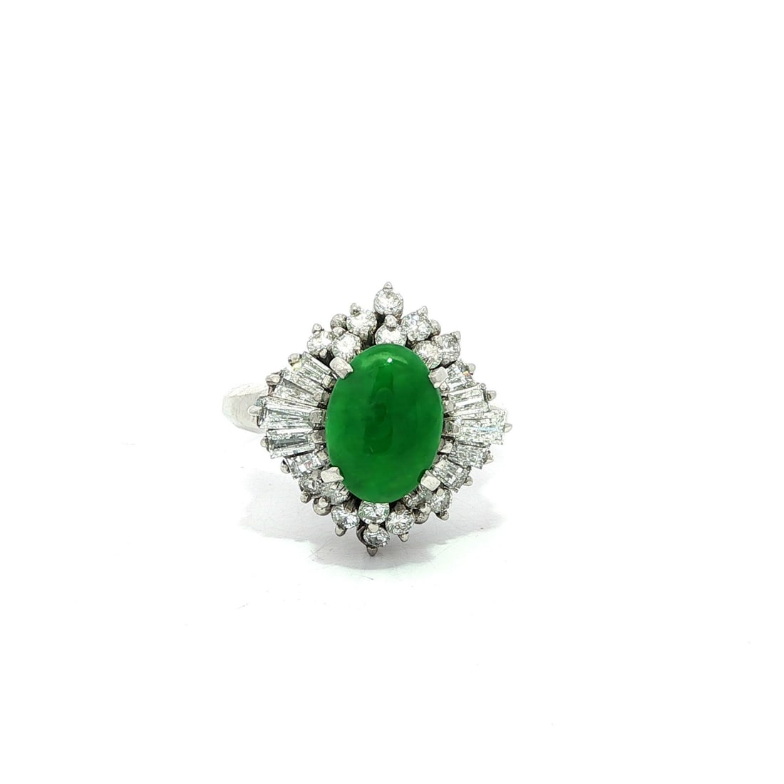 Platinum GIA Certified Burma Type A Jade Diamond Ballerina Ring 0.92ctw: Platinum GIA Certified Burma Type A Jade Diamond Ballerina Ring 0.92ctw This exquisite ballerina cluster ring features a stunning natural Burma Type A jade, renowned for its vibrant apple green color 