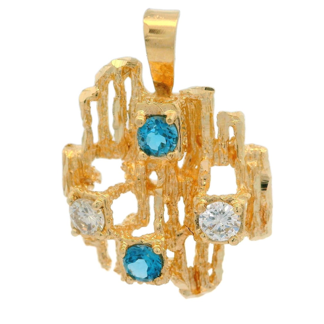 Vintage Yellow Gold Pendant with White and Blue Diamonds: Vintage Yellow Gold Pendant with White and Blue Diamonds This vintage pendant is crafted from solid yellow gold and showcases a unique nugget texture. It features a stunning arrangement of natural dia