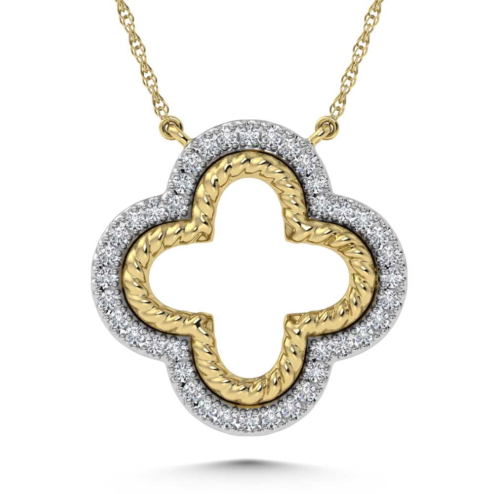 14K Two Tone Diamond 1/6 Ct.Tw. Clover Necklace: 14K Two Tone Diamond 1/6 Ct.Tw. Clover Necklace 14k Two Tone Stone Color: G-h Stone Clarity: Si3 Unless otherwise specified, pendants that include a chain are paired with our standard 18-inch length. 