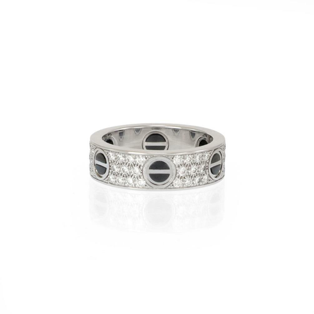 Cartier Love Ring 18k White Gold Black Ceramic Pave Diamond Size 55: Cartier Love Ring 18k White Gold Black Ceramic Pave Diamond Size 55 Authentic Cartier Love Collection band ring featuring 18k white gold with black ceramic accents and brilliant-cut pave-set diamonds 