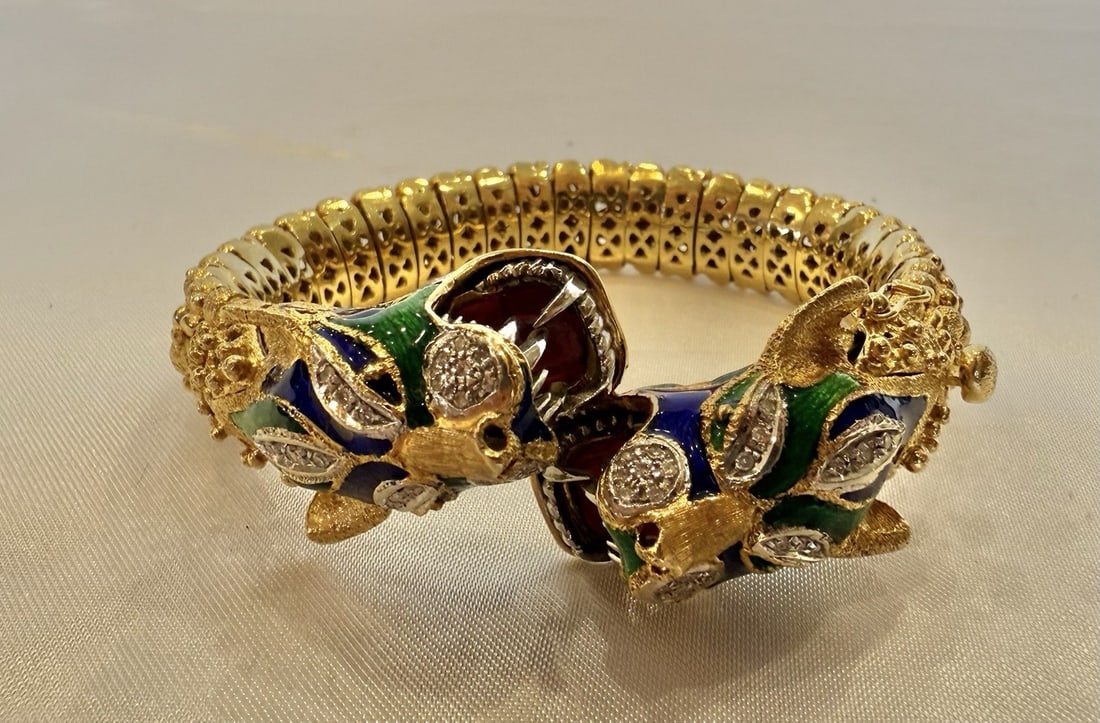 18K Yellow Gold Diamond Bracelet with Enamel Design by R.M Jeddal: 18K Yellow Gold Diamond Bracelet with Enamel Design by R.M Jeddal This stunning 18K yellow gold diamond bracelet features exquisite enamel detailing and a classic chain style. Weighing 97.50 grams and