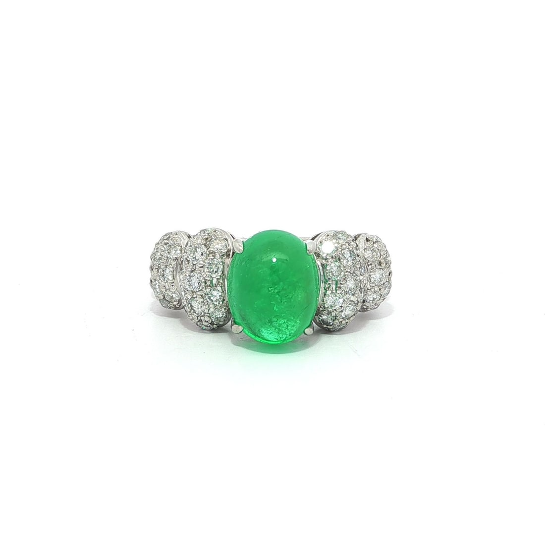 Platinum GIA Certified 3.66ctw Colombian Emerald Diamond Ring: Platinum GIA Certified 3.66ctw Colombian Emerald Diamond Ring This exquisite ring features a stunning natural Colombian emerald with a bright green hue, expertly cut into an oval double cabochon shape