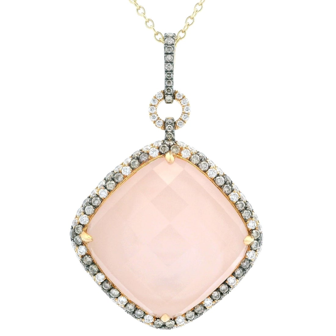 Dove's 18k Yellow Gold Rose Quartz Diamond Drop Necklace 1.74ctw: Dove's 18k Yellow Gold Rose Quartz Diamond Drop Necklace 1.74ctw Elevate your jewelry collection with this stunning 18k Yellow Gold Rose Quartz Drop Pendant Necklace. This exquisite piece features a l