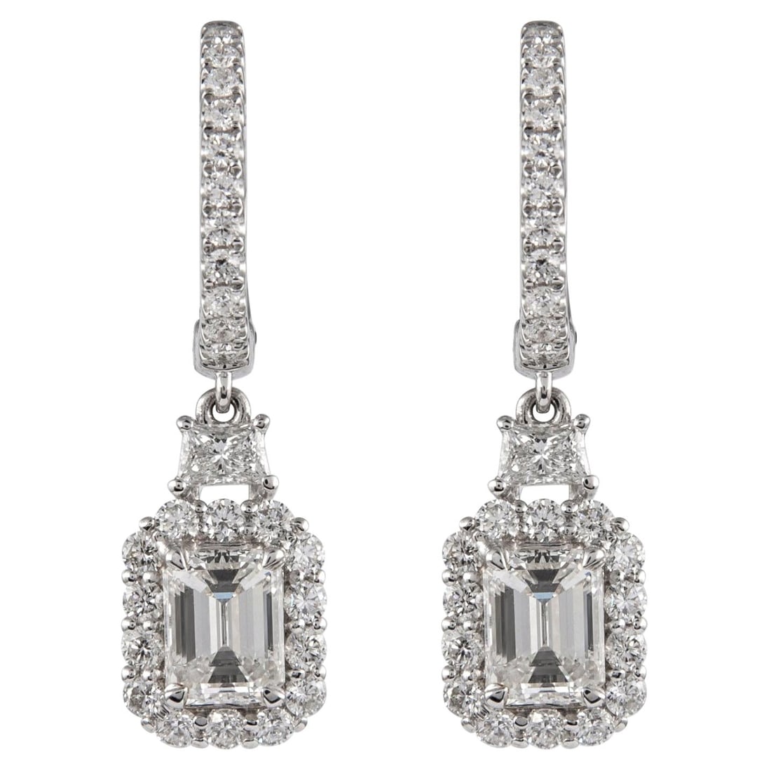 GIA 2.37ct Emerald Cut Diamond Earrings 18k White Gold: GIA 2.37ct Emerald Cut Diamond Earrings 18k White Gold Elevate your elegance with these stunning GIA-certified Emerald Cut Diamond Drop Earrings, crafted in luxurious 18k white gold. Featuring two imp