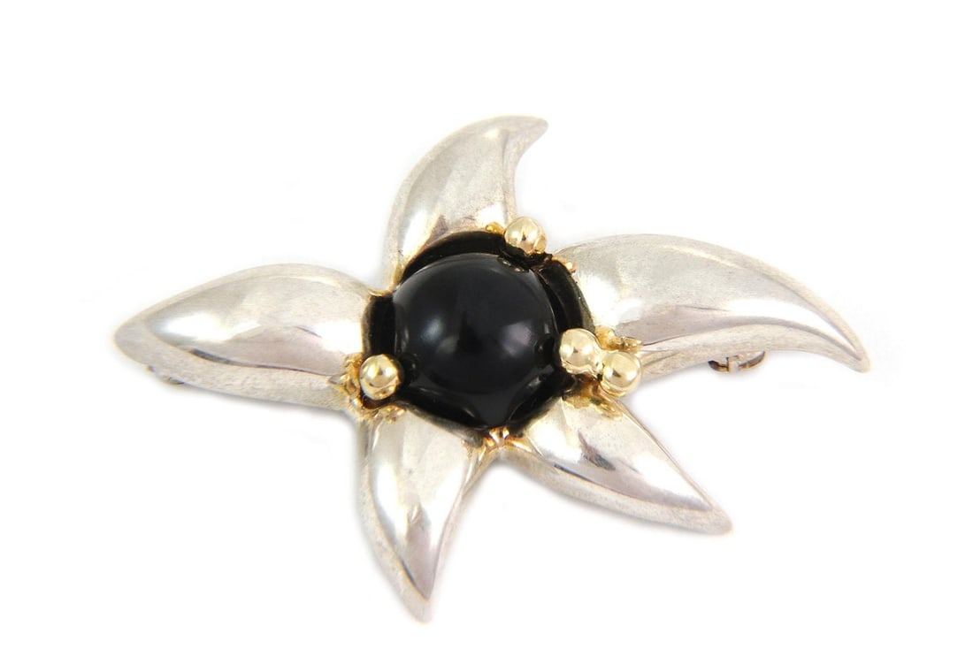 Tiffany & Co. 1993 Fireworks Onyx 18k Gold Sterling Silver Brooch: Tiffany & Co. 1993 Fireworks Onyx 18k Gold Sterling Silver Brooch This exquisite vintage brooch, crafted by Tiffany & Co., hails from the esteemed FIREWORKS Collection and dates back to 1993. The broo