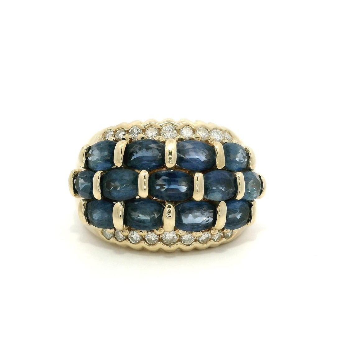 Unbranded 14k Yellow Gold Dome Ring with Blue Sapphires and Diamonds: Unbranded 14k Yellow Gold Dome Ring with Blue Sapphires and Diamonds Pre-owned women's dome ring in solid 14k yellow gold, featuring natural blue oval sapphires with round brilliant diamonds in a wide