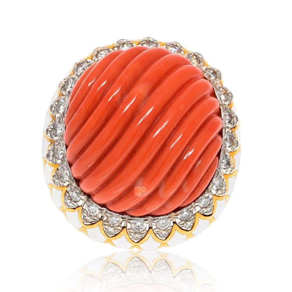 David Webb Coral Diamond Ring Platinum 18K Gold Signed Estate: David Webb Coral Diamond Ring Platinum 18K Gold Signed Estate Discover the elegance of this stunning David Webb ring featuring a large carved salmon coral centerpiece encircled by a dazzling pave of w