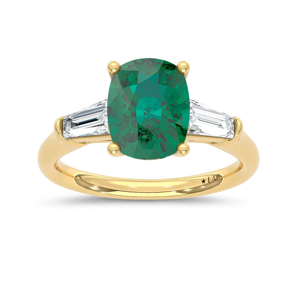 14K Yellow Gold Lab Grown Diamond 2 3/4 Ct.Tw. Cushion Shape Recrystalized Emerald Engagement Ring: 14K Yellow Gold Lab Grown Diamond 2 3/4 Ct.Tw. Cushion Shape Recrystalized Emerald Engagement Ring (Center 2 ct) Exquisite craftsmanship meets timeless beauty. This 14K yellow gold engagement ring sho