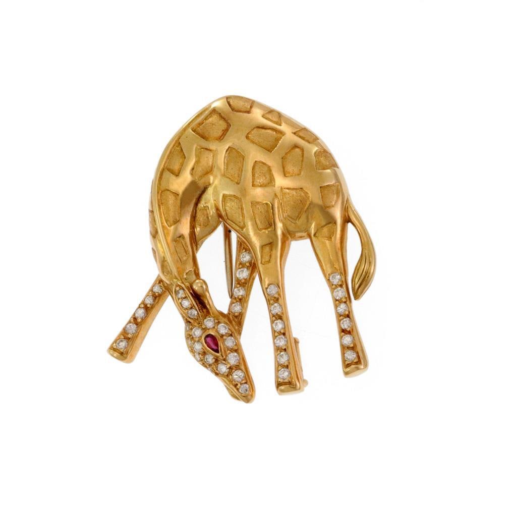 Tiffany Co 18k Yellow Gold Giraffe Diamond Red Gem Brooch (1 of 4)