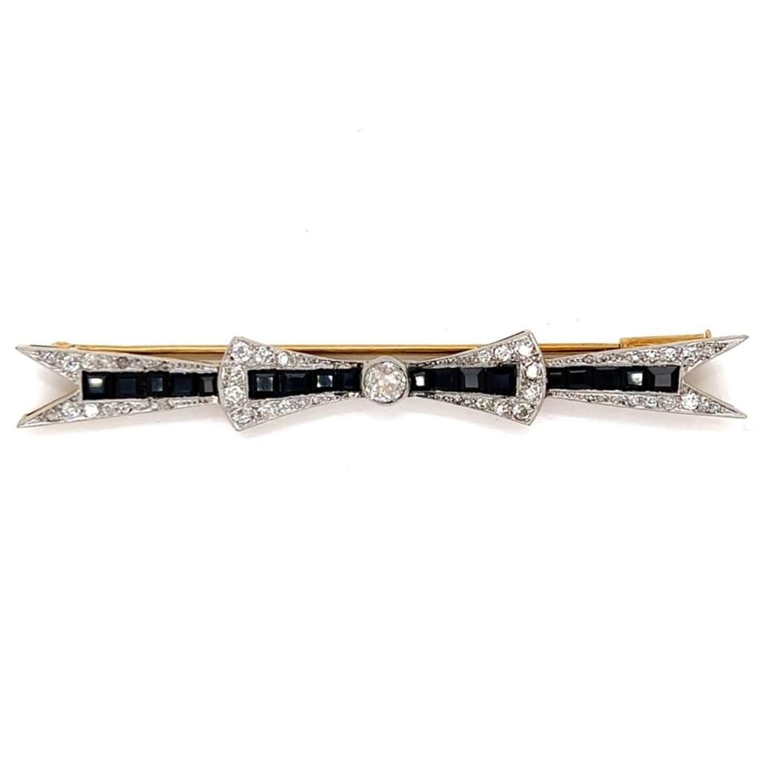18K Yellow Gold Platinum Diamond Onyx Pin 0.45 Ct Center: 18K Yellow Gold Platinum Diamond Onyx Pin 0.45 Ct Center This exquisite pin features a stunning combination of 18K yellow gold and platinum, showcasing a central diamond approximately 0.45 ct. The pie