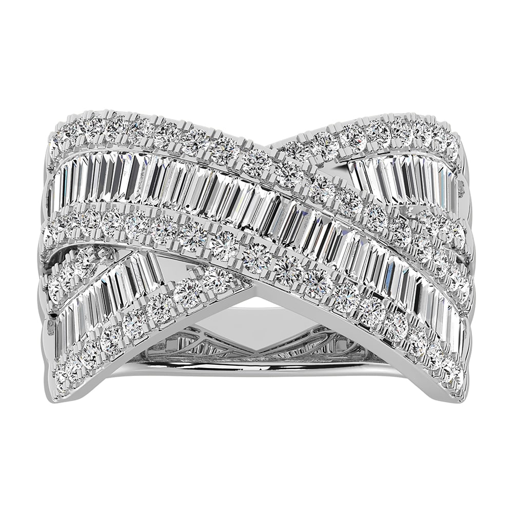 14K White Gold 1 1/2 Ct.Tw. Diamond Round and Baguette Crossover Ring: 14K White Gold 1 1/2 Ct.Tw. Diamond Round and Baguette Crossover Ring 14k White Gold Stone Color: G-h Stone Clarity: I1 Each ring is presented in standard size 6.5. Complimentary resizing is available