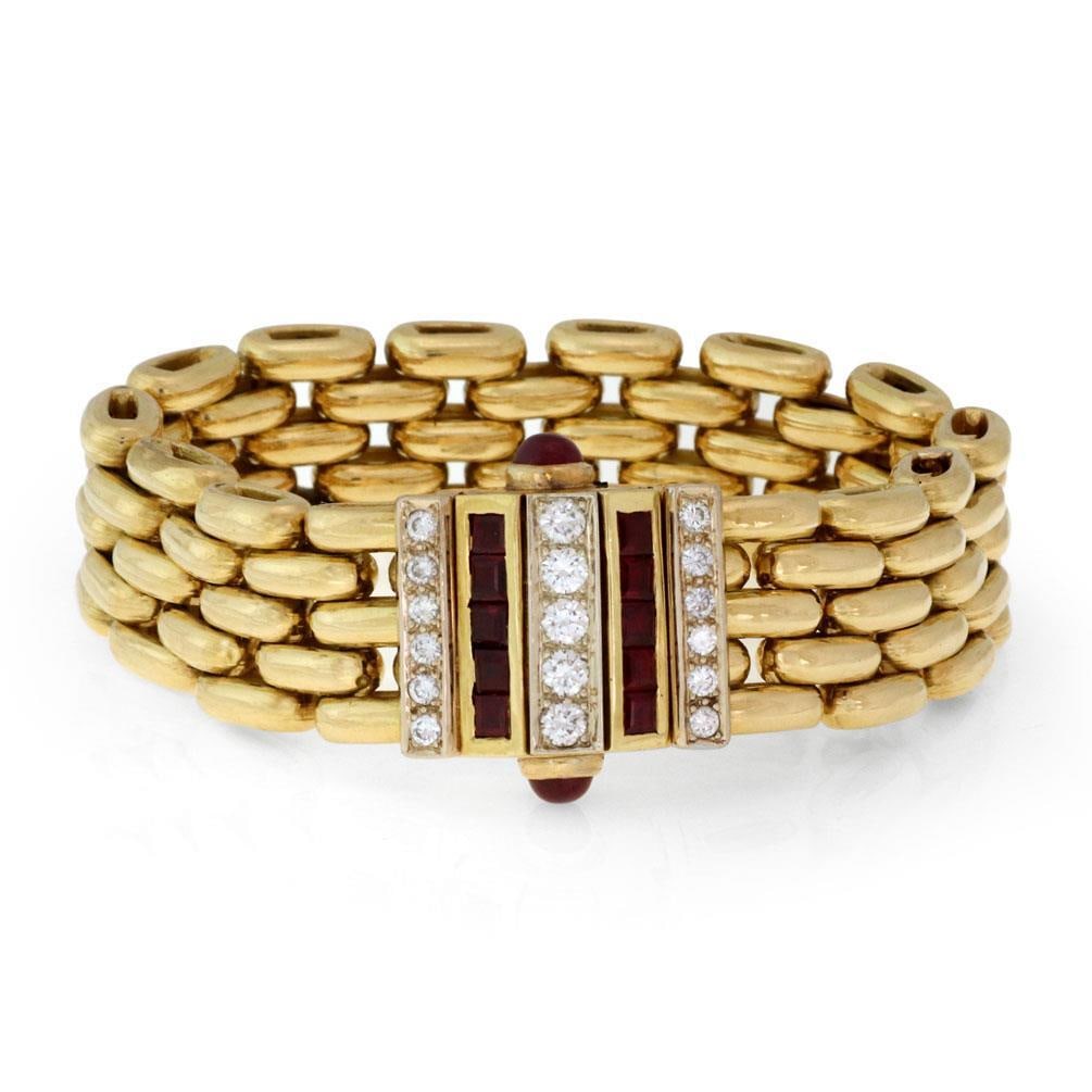 Stunning 18k Yellow Gold Diamond Ruby Panther Bracelet 5 Row Flex: Stunning 18k Yellow Gold Diamond Ruby Panther Bracelet 5 Row Flex This exquisite Diamond Ruby Panther Bracelet is crafted from luxurious 18k yellow gold and features a unique design with a fancy clasp