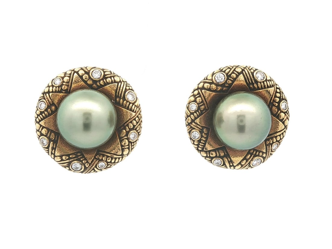 18k Yellow Gold Button Earrings with Tahitian Pearls and Diamond Accents by Alex Sepkus: 18k Yellow Gold Button Earrings with Tahitian Pearls and Diamond Accents by Alex Sepkus These Alex Sepkus earrings feature two genuine cultured Tahitian pearls in a round button shape, each measuring 