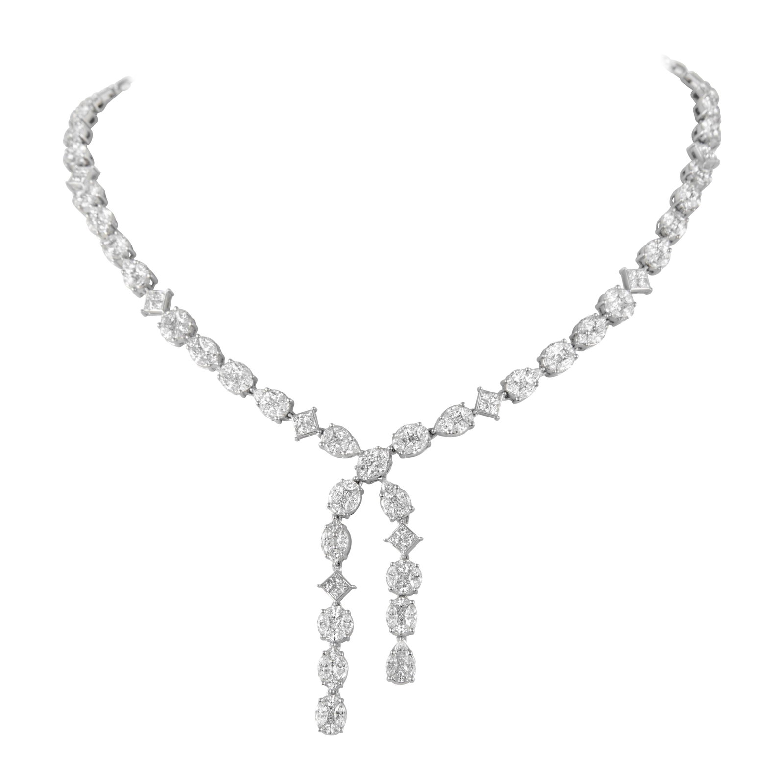 11.98ct Diamond Lay Drop Necklace in 18k White Gold: 11.98ct Diamond Lay Drop Necklace in 18k White Gold This stunning Lay Drop Necklace boasts an impressive total weight of 11.98 carats, featuring a captivating design with diamonds set in luxurious 18k