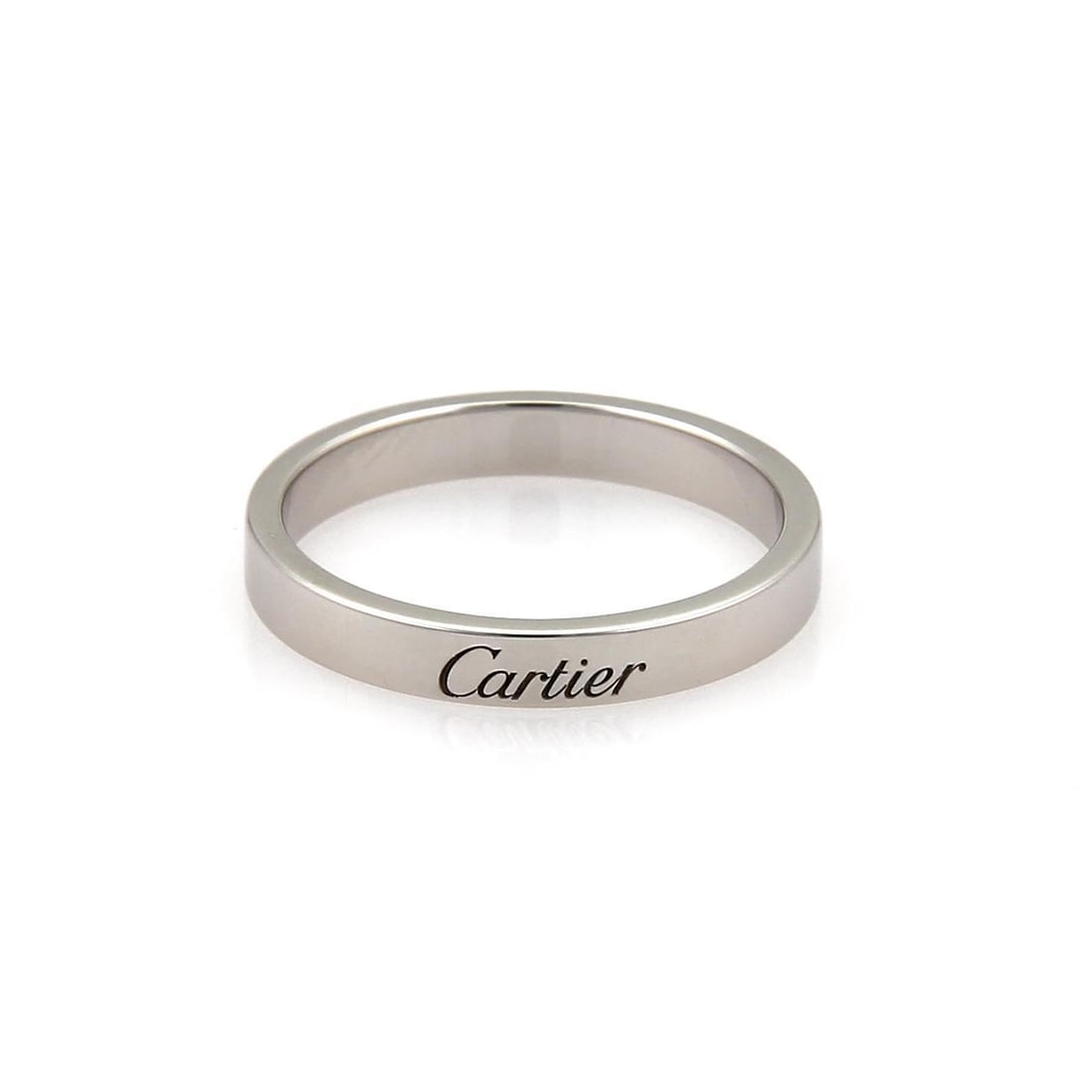 Cartier Platinum 3mm Flat Wedding Band Ring US 7.5 with Certificate: Cartier Platinum 3mm Flat Wedding Band Ring US 7.5 with Certificate This exquisite Cartier wedding band is expertly crafted from high-quality platinum, featuring a sleek and polished 3mm flat design. 