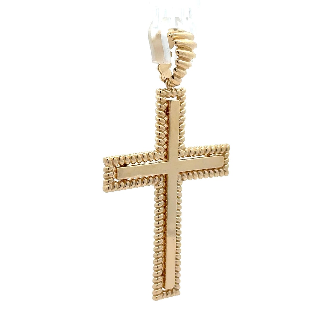Large 14k Yellow Gold Twisted Wire Cross Pendant: Large 14k Yellow Gold Twisted Wire Cross Pendant This stunning Large Cross Pendant features a polished center crafted from solid 14k yellow gold, elegantly framed with a twisted wire design. The penda