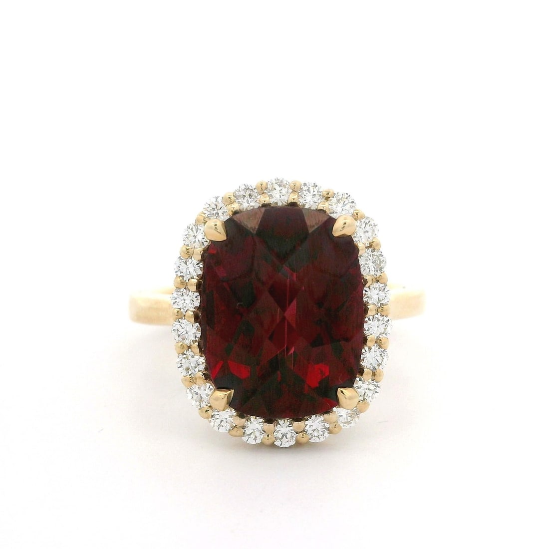 14k Yellow Gold GIA 6.80ct Red Cushion Garnet Diamond Halo Ring: 14k Yellow Gold GIA 6.80ct Red Cushion Garnet Diamond Halo Ring This stunning cocktail ring features a vibrant 6.40 ct natural genuine red garnet in a checkerboard cushion cut, elegantly prong set in 