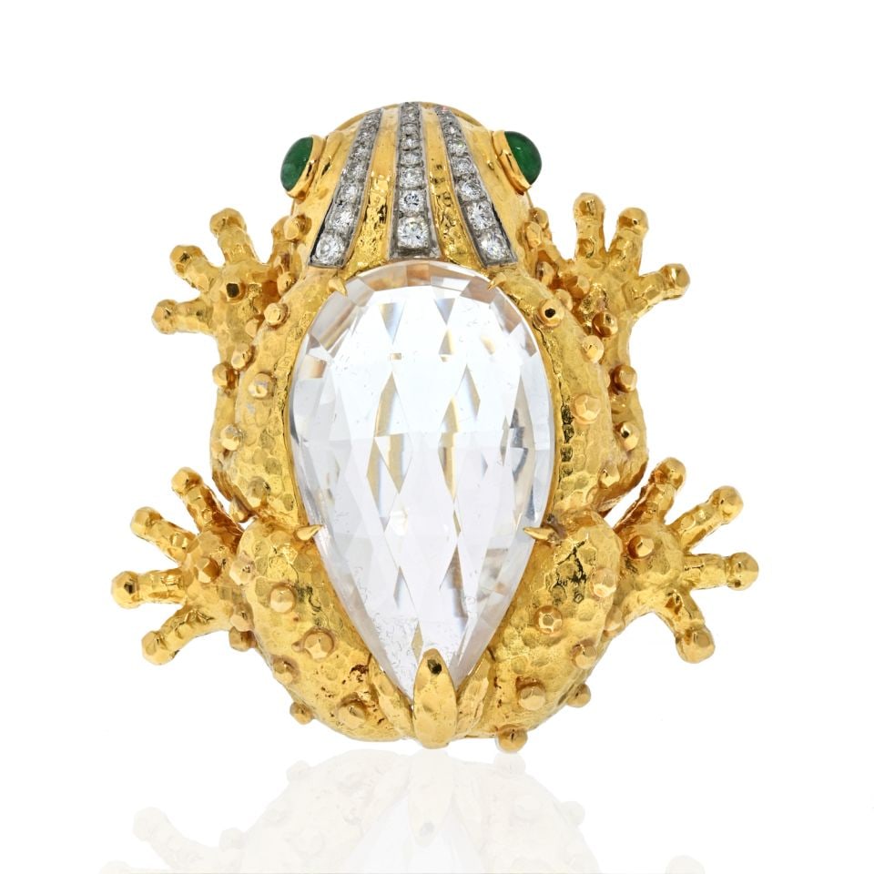 David Webb Frog Brooch Platinum 18K Gold Rock Crystal Diamond Emerald (1 of 2)