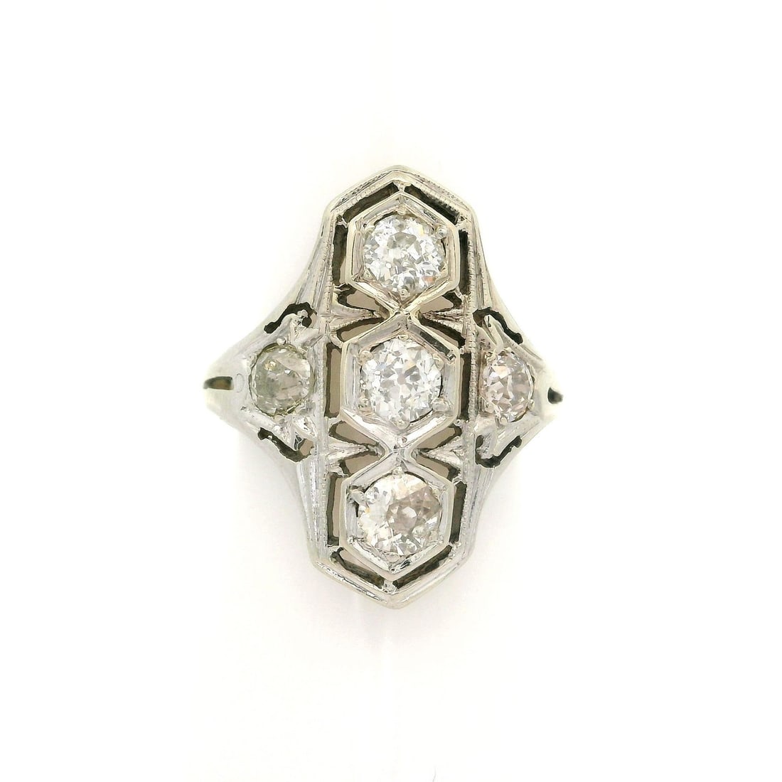 Antique Art Deco 1.02ctw Old Mine Cut Diamond Ring in White Gold: Antique Art Deco 1.02ctw Old Mine Cut Diamond Ring in White Gold This exquisite Antique Art Deco dinner ring features a stunning collection of five Old Mine Cut diamonds, beautifully pave set to creat