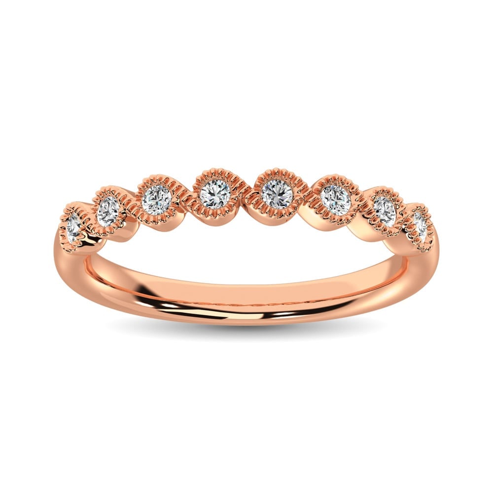 14K Rose Gold 1/10 Ct.Tw. Diamond Stackable Band: 14K Rose Gold 1/10 Ct.Tw. Diamond Stackable Band This Amazing Stackable band Is Available In 14K Rose Gold. There Are 8 Round Diamonds With A Total Carat Weight Of 1/10 Ct.Tw. Set In A Bezel Setting. 