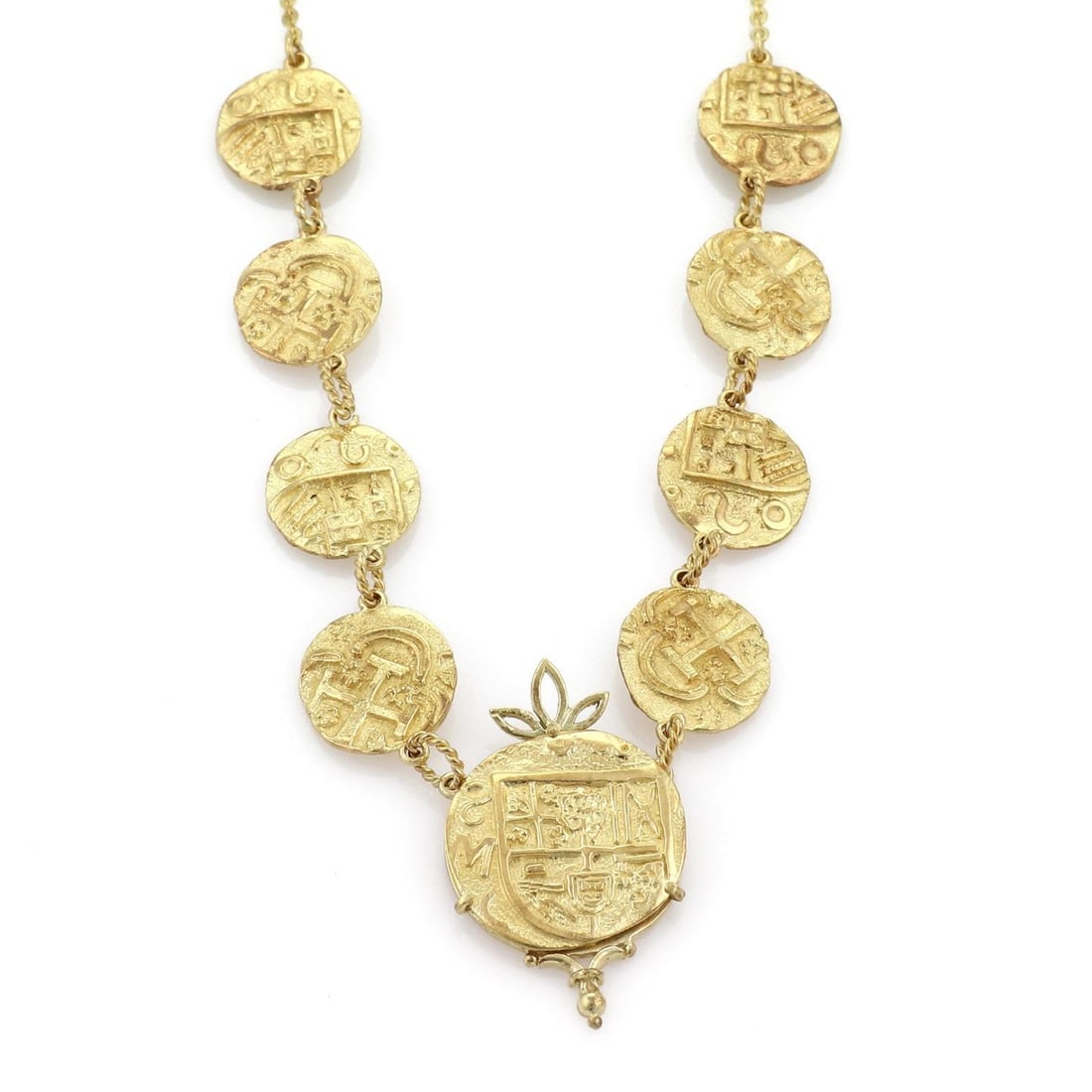 18k Yellow Gold Byzantine Necklace with 9 Coin Accents: 18k Yellow Gold Byzantine Necklace with 9 Coin Accents This exquisite vintage Byzantine style chain necklace is made of 18k yellow gold, showcasing a polished textured finish on both sides of each of 