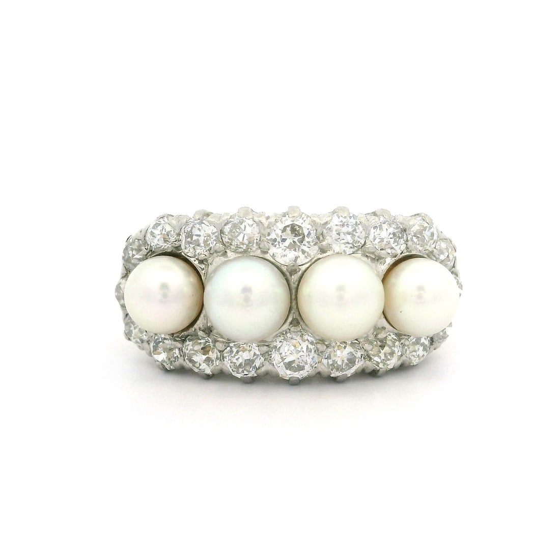 Antique Edwardian 18K Yellow Gold Pearl Diamond Saddle Ring: Antique Edwardian 18K Yellow Gold Pearl Diamond Saddle Ring This exquisite Antique Edwardian ring combines the elegance of 18k yellow gold with a stunning platinum top. Featuring four genuine cultured