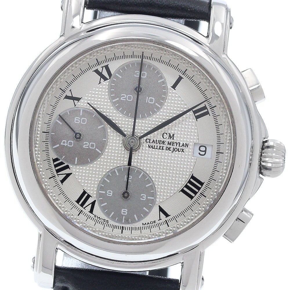 Claude Meylan automatic chronograph date men's wristwatch: Claude Meylan automatic chronograph date men's wristwatch This Claude Meylan men's automatic wristwatch features a chronograph, date display, and small seconds function. The watch has a stainless stee