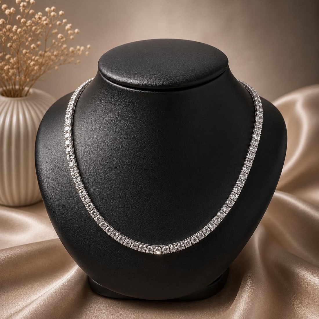 Platinum Riviera Tennis Necklace 96 Diamonds 8ctw 15.25 in: Platinum Riviera Tennis Necklace 96 Diamonds 8ctw 15.25 in This vintage platinum tennis necklace features 96 natural diamonds, including round brilliant and old transitional cuts, set in a square Rivi
