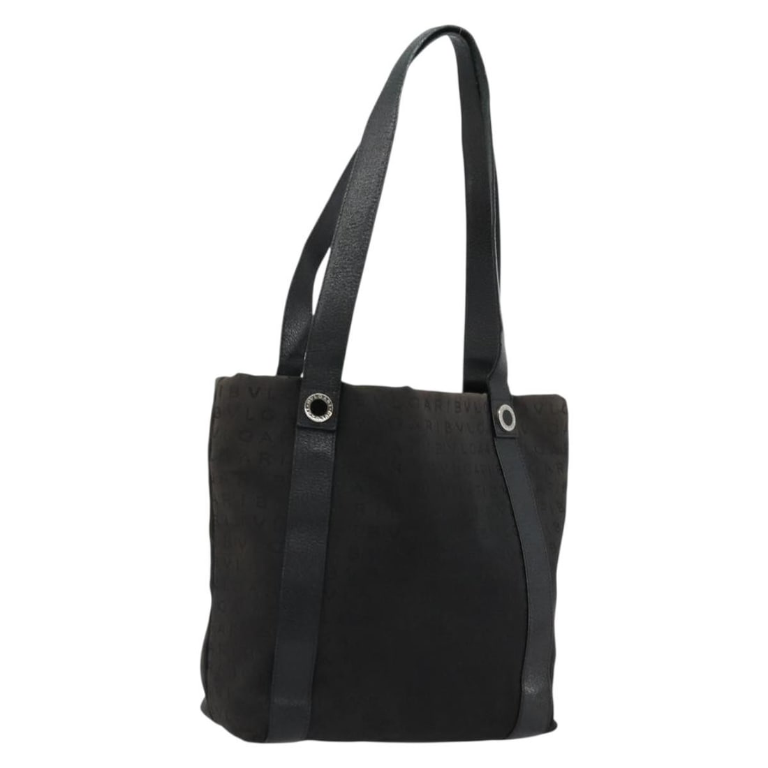 BVLGARI Black Silver Canvas Tote Bag Italy Auth: BVLGARI Black Silver Canvas Tote Bag Italy Auth This BVLGARI tote bag is crafted from black and silver canvas with leather accents. Designed for women, it features a spacious interior and sturdy handl