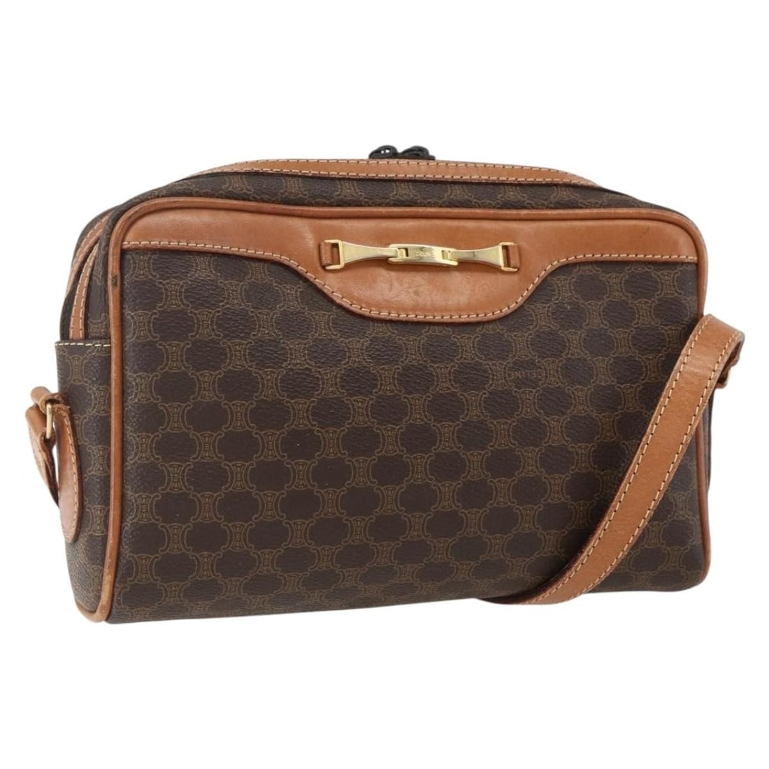 Celine Macadam Canvas and PVC Leather Brown Gold Shoulder Bag: Celine Macadam Canvas and PVC Leather Brown Gold Shoulder Bag This CELINE Macadam Canvas shoulder bag features a brown and gold PVC leather exterior with the iconic Macadam pattern. Crafted in Italy, 