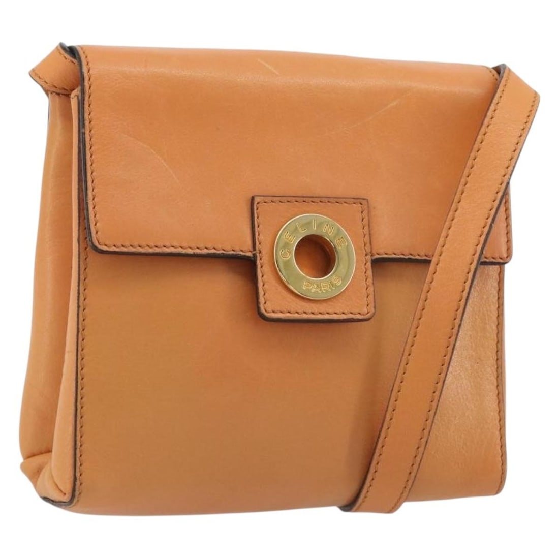 CELINE Circle Leather Shoulder Bag Orange Gold Tone: CELINE Circle Leather Shoulder Bag Orange Gold Tone CELINE circle shoulder bag in leather with an orange and gold color scheme. Made in Italy, this women's shoulder bag features a strap drop of approx