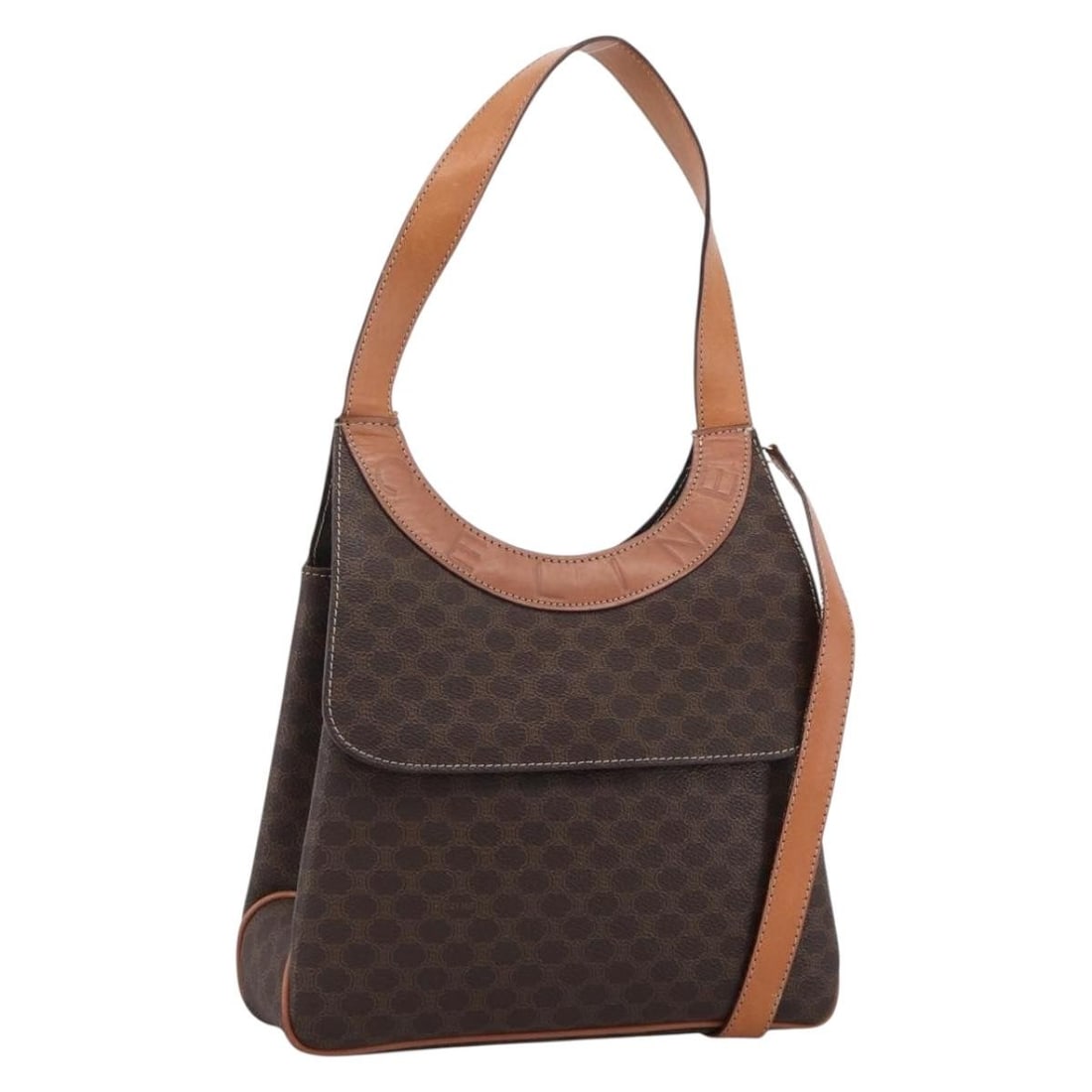 CELINE Macadam 2way Hand Bag Brown PVC Leather with Shoulder Strap: CELINE Macadam 2way Hand Bag Brown PVC Leather with Shoulder Strap CELINE Macadam canvas hand bag in brown and gold, made from PVC leather/Macadam canvas and crafted in Italy. This 2-way style include