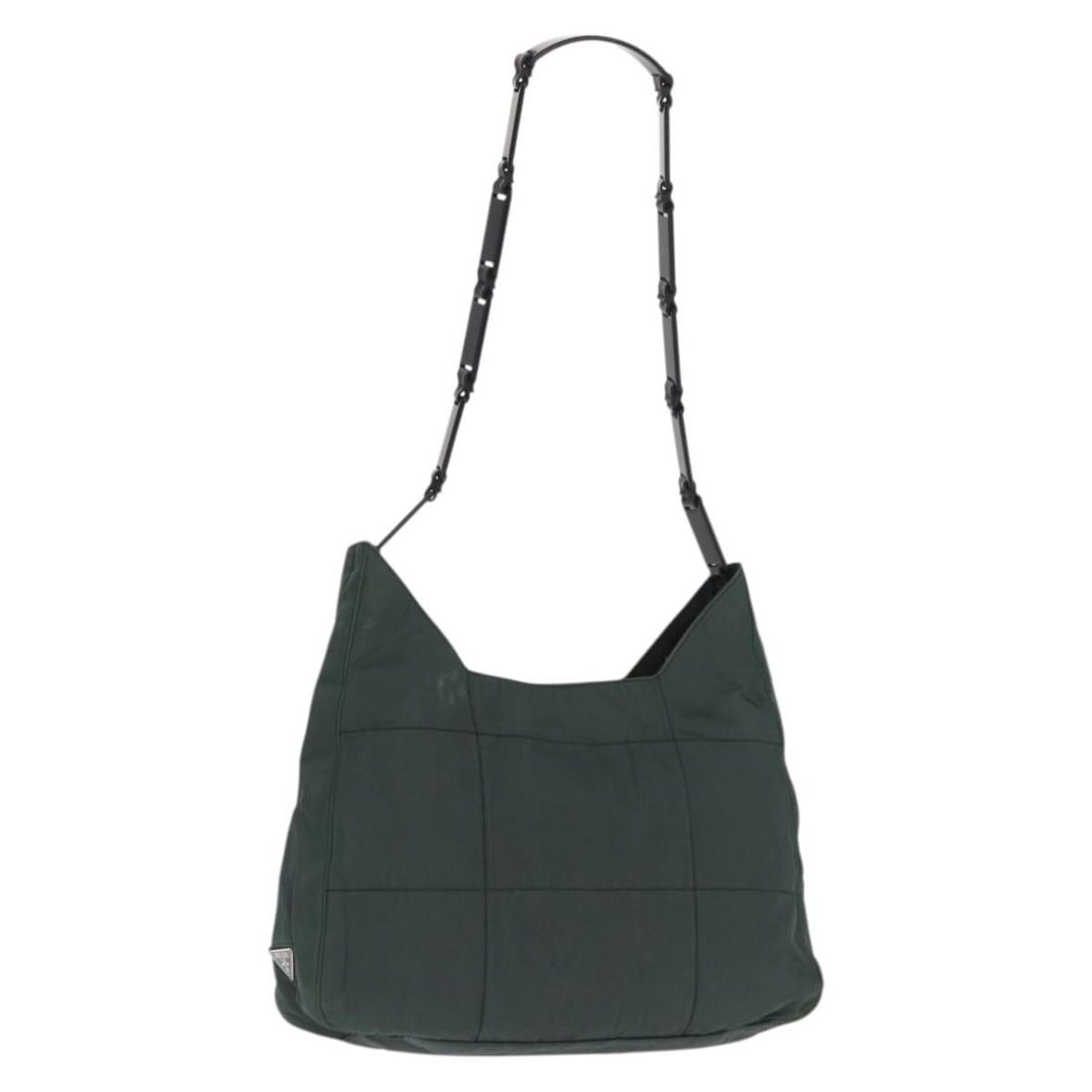Prada Khaki Nylon Tote with Silver Accents for Women: Prada Khaki Nylon Tote with Silver Accents for Women This PRADA tote bag is crafted from durable nylon in a khaki and silver color combination. Designed for women, it features dual top handles with a 