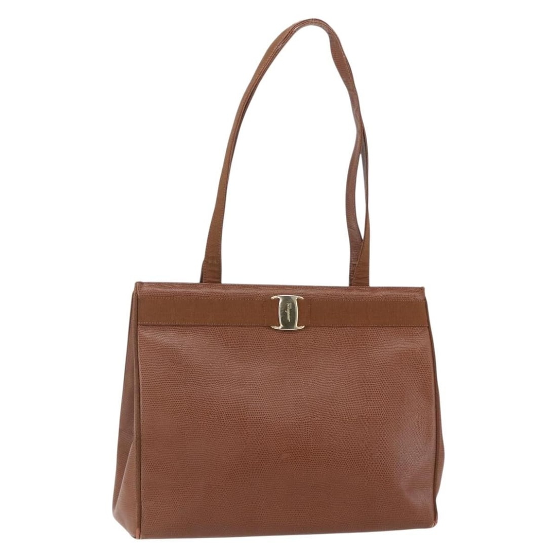 Salvatore Ferragamo Vala Brown Leather Tote with Gold Tone Hardware: Salvatore Ferragamo Vala Brown Leather Tote with Gold Tone Hardware Salvatore Ferragamo Vala tote bag in brown and gold leather, made in Italy, designed for women. The bag measures approximately 35 cm