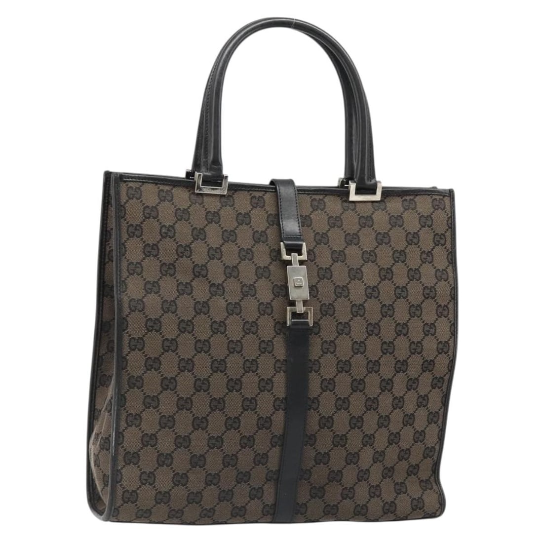 Gucci Jackie GG Canvas Tote Dark Brown Silver 002 1064 3444: Gucci Jackie GG Canvas Tote Dark Brown Silver 002 1064 3444 Gucci GG Canvas Jackie Tote Bag in dark brown and silver, made in Italy. This women's tote bag is crafted from GG Canvas and measures approx