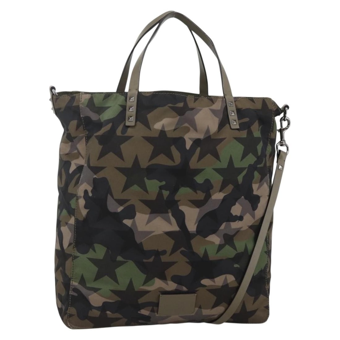 Valentino Khaki Nylon 2way Handbag with Shoulder Strap Silver Tone: Valentino Khaki Nylon 2way Handbag with Shoulder Strap Silver Tone Valentino nylon handbag in khaki with silver-tone accents, presented as a 2-way style with a shoulder strap. It comes with a dust bag